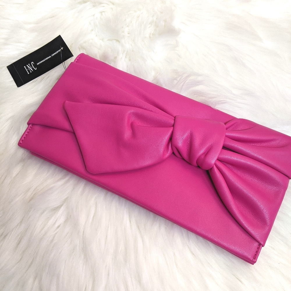Last One! INC International Concepts Fuschia Neon Pink Bowah Clutch Large Bow - Picture 2 of 8
